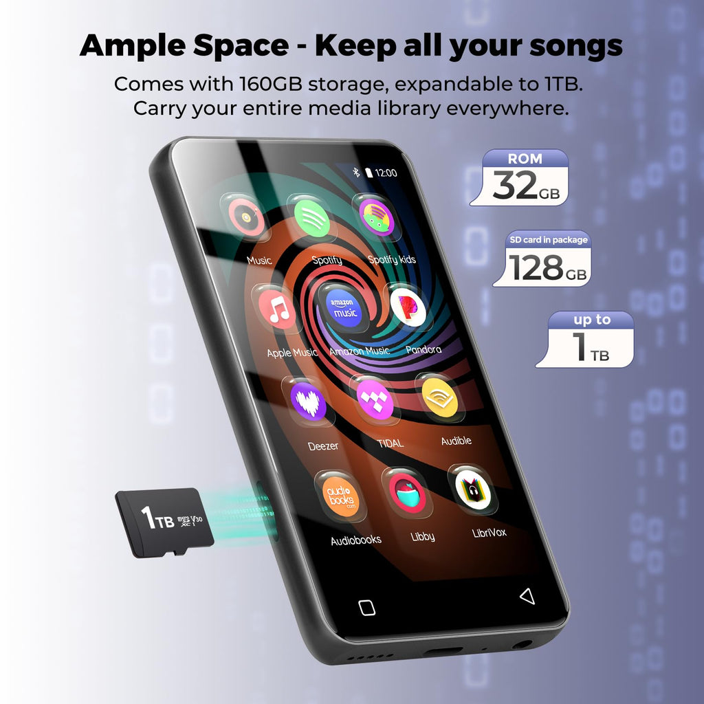 160GB MP3 Player with Bluetooth and WiFi, innioasis Music Player with Spotify,Pandora,Amazon Music,4" Touch Screen Android MP4 MP3 Player for Kids with Libby,Audible,Spotify Kids(Black)