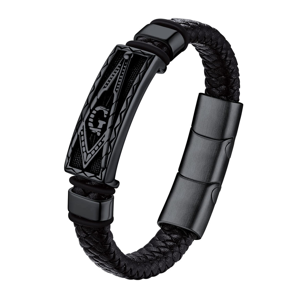 Bestyle Solid Black Freemason Symbol Masonic Leather Braided Bracelets for Men Vintage Cuff Bangle Bracelets Wrist Leather Band With Study Clasp