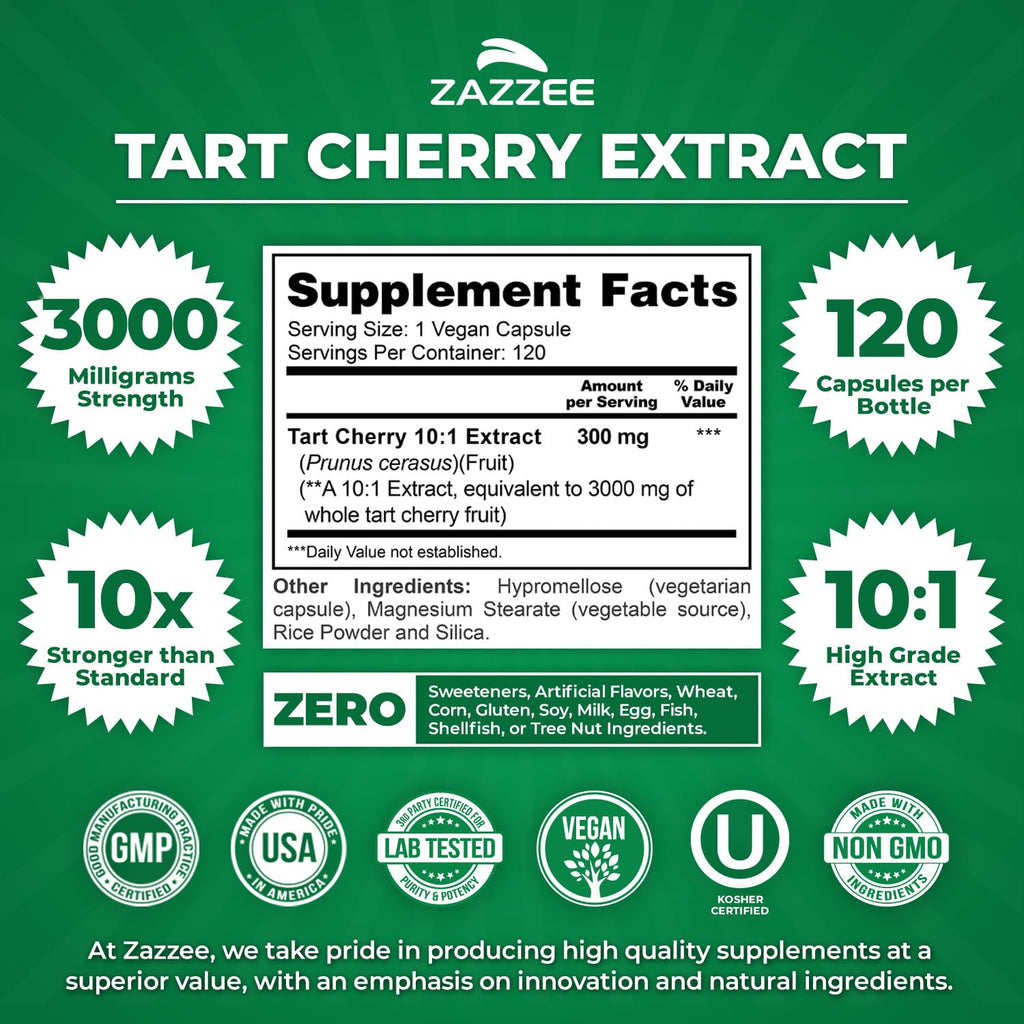 Zazzee Tart Cherry 10:1 Extract, 3000 mg Strength, 120 Vegan Capsules, 4 Month Supply, Certified Kosher, Concentrated and Standardized 10X Extract, 100% Vegetarian, All-Natural, Gluten Free, Non-GMO