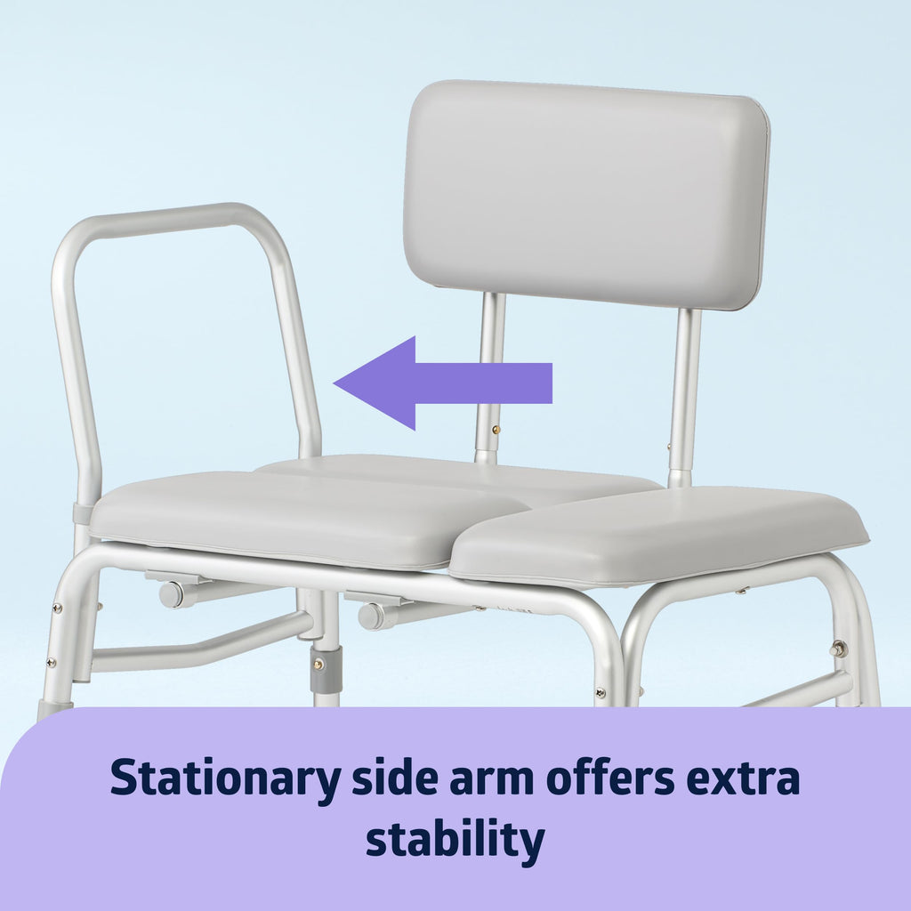 Medline Padded Transfer Bench for Bathtub and Shower, Height Adjustable, Slip-Resistant Legs, Rust-Resistant, Side Arm & Back Rest for Extra Support, 400 lb. Weight Capacity, Tool-Free Assembly
