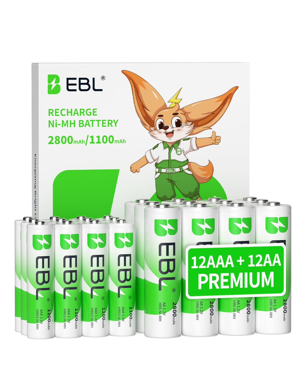 EBL 24 Sets AA AAA Batteries Combo with 12-Pack AA 2800mAh & 12-Pack AAA 1100mAh 1.2V Rechargeable Batteries