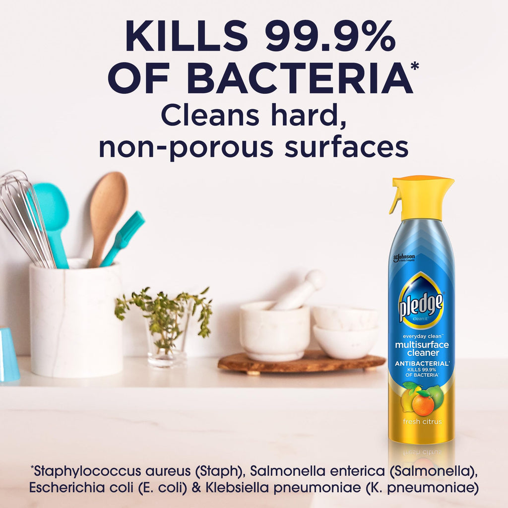 Pledge Antibacterial Multisurface Cleaner Spray, Wood Furniture, Stainless Steel, and Electronics Cleaner, Sanitizes as Cleans, Remove Dust and Messes - Fresh Citrus Scent, 9.7oz, Pack of 3