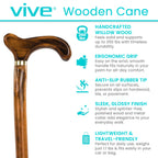 Vive Wooden Walking Stick Cane - for Men, Women, & Seniors - 36 Inch Single Point Rubber Tip with Willow Handle - Ergonomic Grip for Balance & Stability - Lightweight Elderly Assistance Product (Wood)