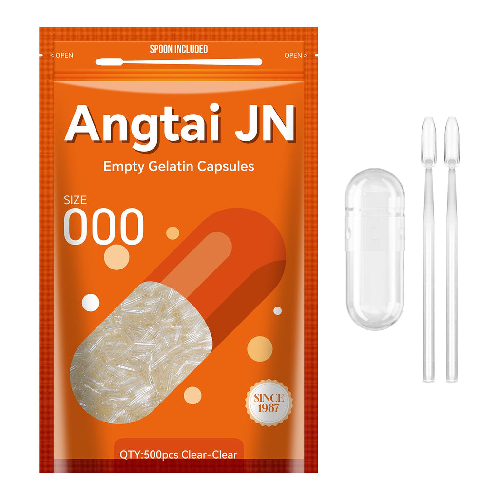 Angtai JN Empty Gelatin Capsules Size 000 Pill Gel Caps Pure Bovine Clear (500 Count) Gluten Free, Non-GMO, Halal Certified Filling Kit with 2 Spoons for DIY Your Own Supplements