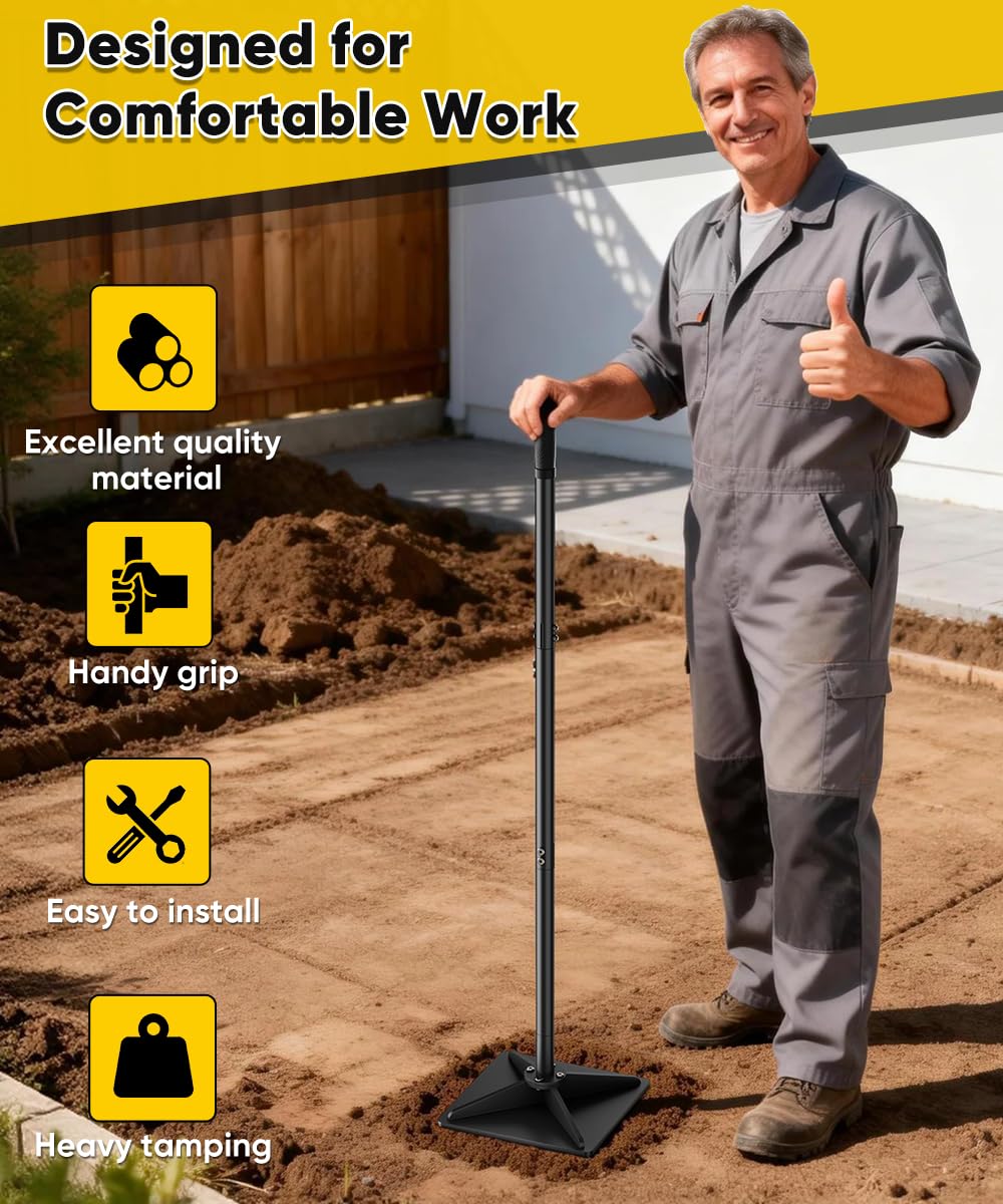 Ansionsol 10" x 10" Heavy Duty Steel Tamper with 44.7 inch Adjustable Handle & Rubber Grip, Thickened Steel Garden Dirt Tamper Tool for Ground & Gravel Leveling, Soil Tamper for Yard, Sand, Driveway