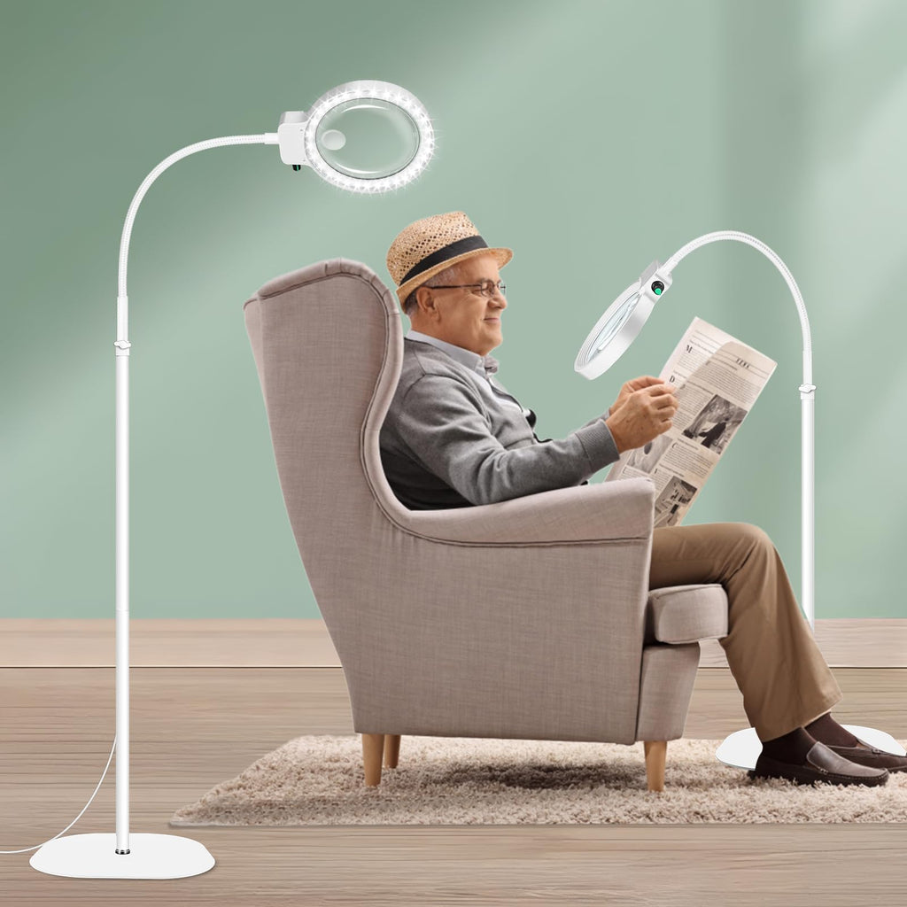 10X 20X Floor Magnifying Glass with Light and Stand,36 LED Flexible Gooseneck Floor Magnifying Lamp, Adjustable Brightness Large Lighted Magnifiers for Reading,Sewing,Crafts,Painting,DIY,White