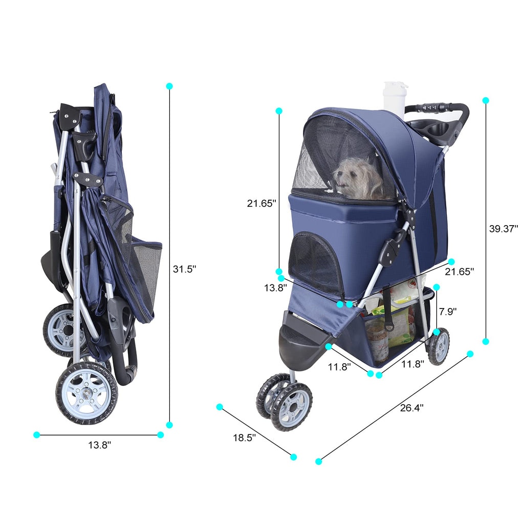 Pet Strollers for Small Medium Dogs & Cats, 3-Wheel Dog Stroller Folding Flexible Easy to Carry for Jogger Jogging Walking Travel with Sun Shade Cup Holder Mesh Window (Dark Blue)