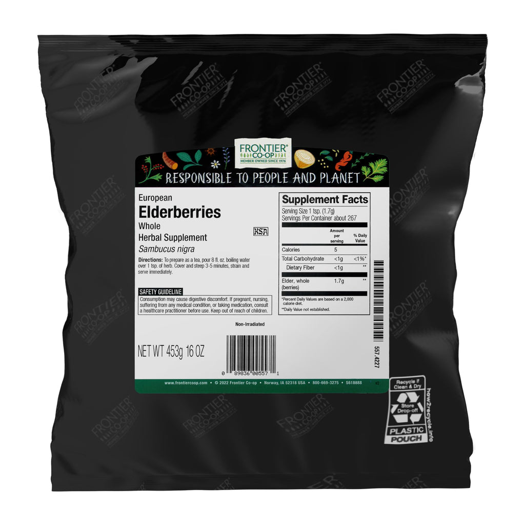 Frontier Co-op Dried Elderberries, European Whole - Non-GMO Elderberry Dried Fruit for Powder, Tea, Immune Support - Kosher | 16 Ounce (Pack of 2)