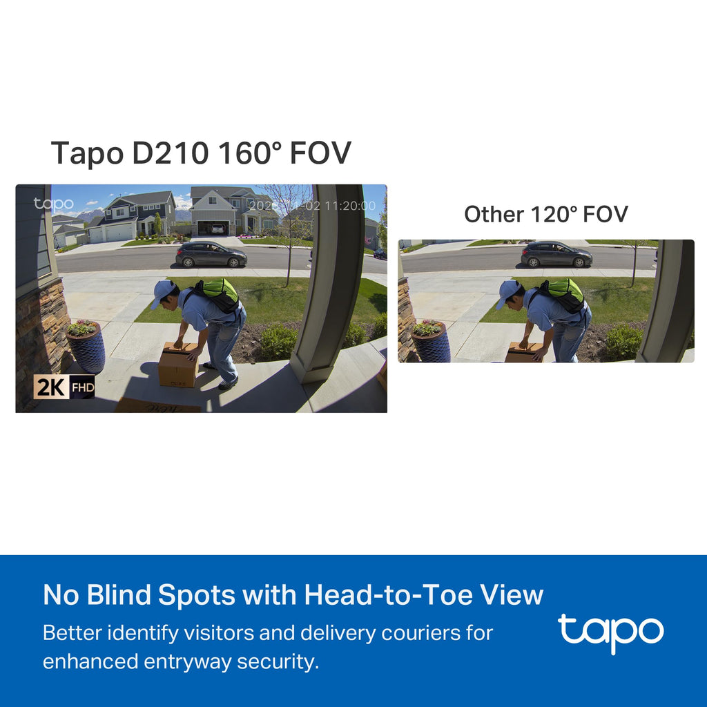 Tapo 2K Wireless Smart Video Doorbell with Chime - 160° Ultra-Wide View,Person Detection, Ring Call, 2-Way Audio, Subscription-Free Local Storage/Optional Cloud, Motion Only Alert, D210