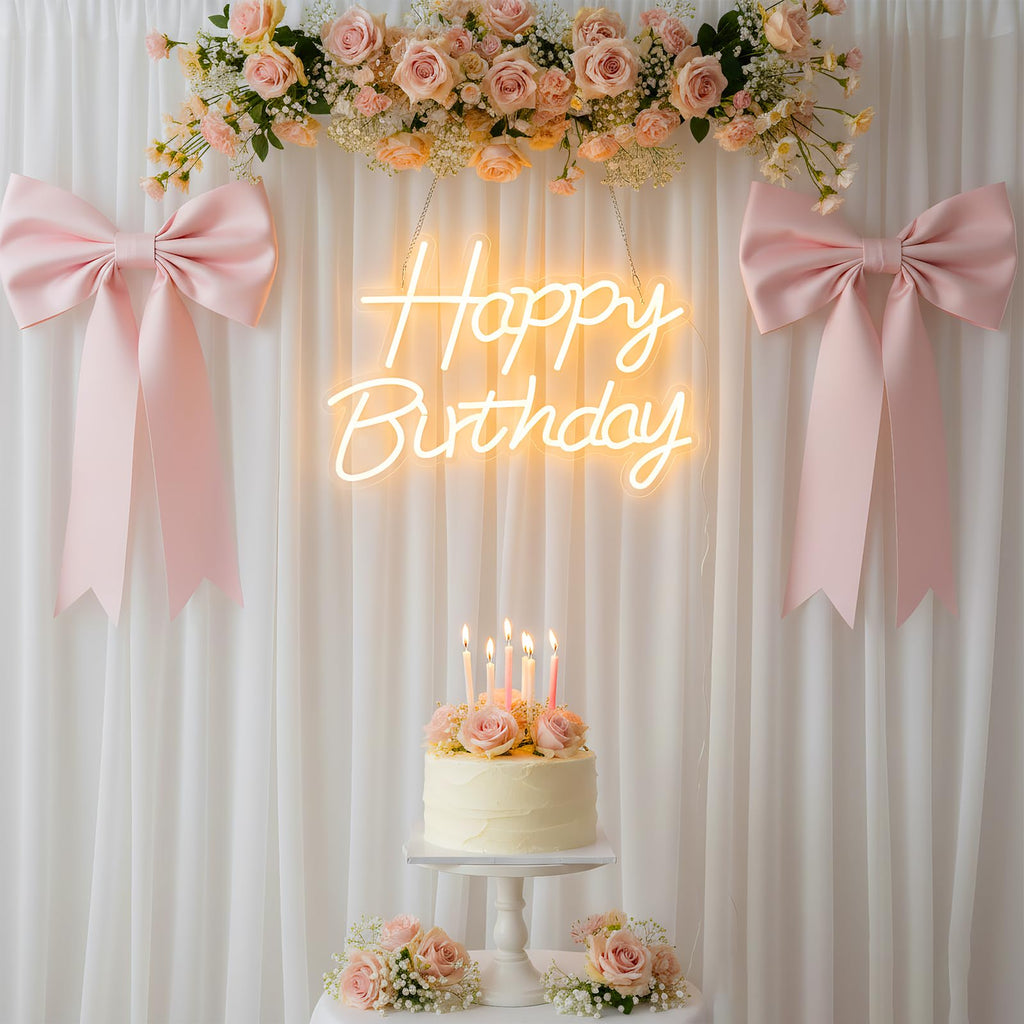 Happy Birthday Neon Sign for Backdrop, LED Happy Birthday Light Up Sign, USB Powered Dimmable Neon Light for Birthday Party Decorations, Wall Decor, Warm White, 16.5 x 12 inch