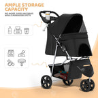 Magshion 3-Wheel Pet Stroller, Foldable Travel Jogger for Small & Medium Dogs & Cats (Up to 33lbs), Lightweight Carrier with Breathable Mesh Cover, Cup Holder & Storage Basket, Black