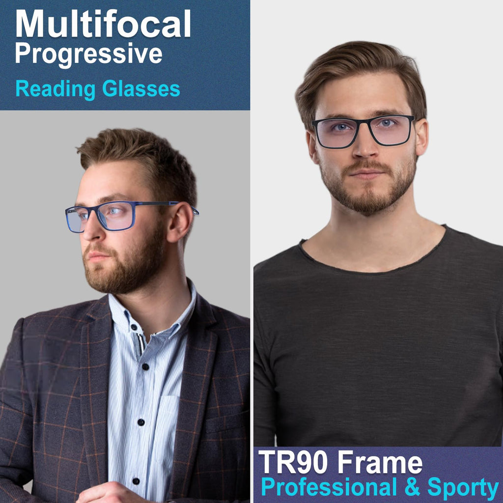 BLOEXCLU 4 Pack Progressive Multifocus Reading Glasses for Men Women TR90 Sports Style Anti-Blue Light Computer Readers (black & blue & grey & transparent, 3, x)