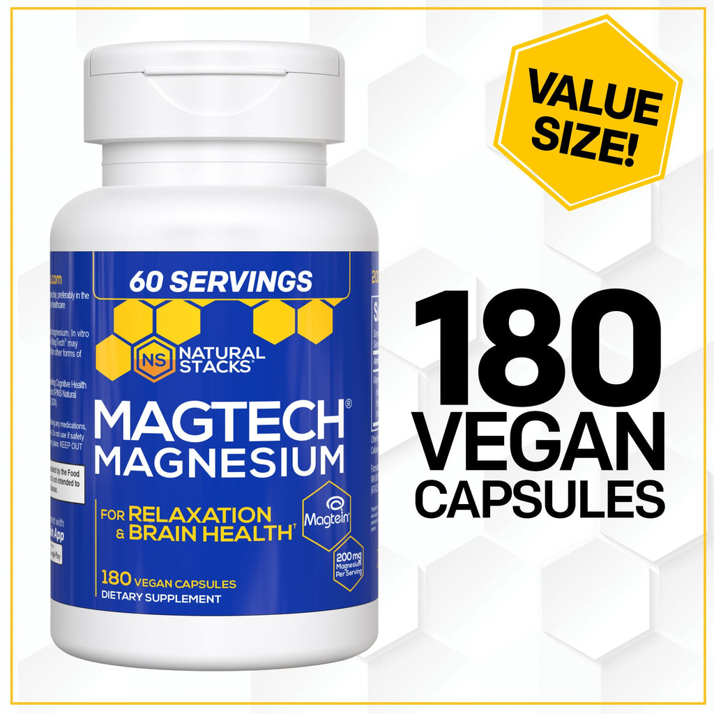 MagTech Magnesium Supplement - 3 Forms of Magnesium: Magtein L-Threonate, Glycinate & Taurate - 200mg Chelated Magnesium Complex - Supports Relaxation & Brain Health - 180 Capsules