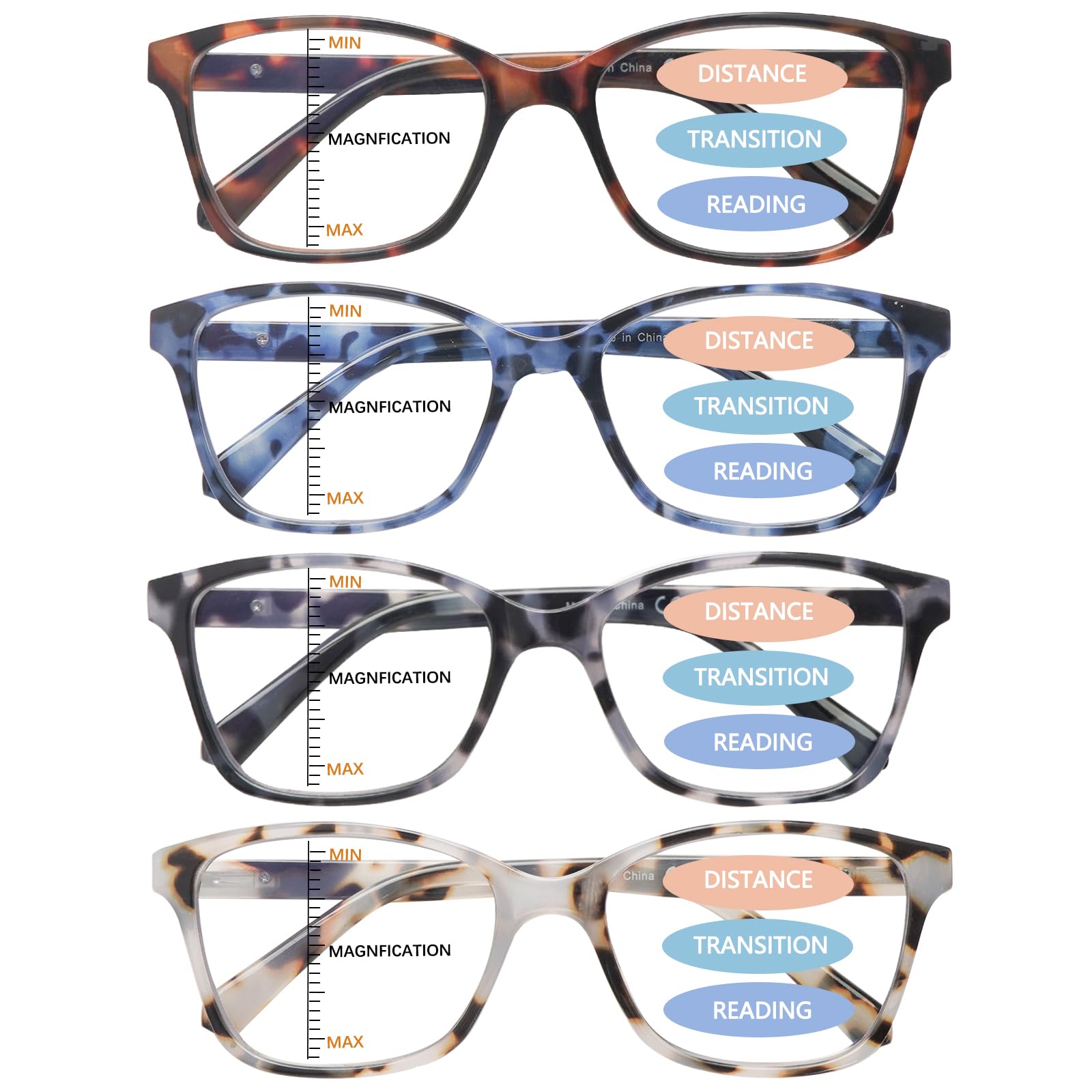 STASTEND 4 Pack Progressive Multifocus Reading Glasses for Women Men Spring Hinge Blue Light Blocking Readers (Multicolor-1, 1.75, x)