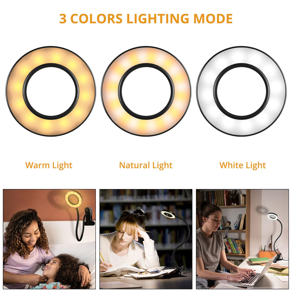 Woputne Desk Clip on Lamp for Reading Home Office, with 5V 2A Adapter, 10 Dimmable Brightness 3 Modes, Clamp Reading Light for Bed Headboard, Craft (Black)…