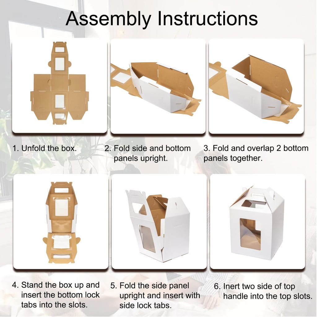 Mcfleet 6 Pack Tall Cake Box for Tier Cake with Window 2 Sizes 10x10x12 & 12x12x14 Inch, Disposable Large Layer Bakery Carrier with Handle - Bakery Safe Transport Box for Wedding, Birthday, Party