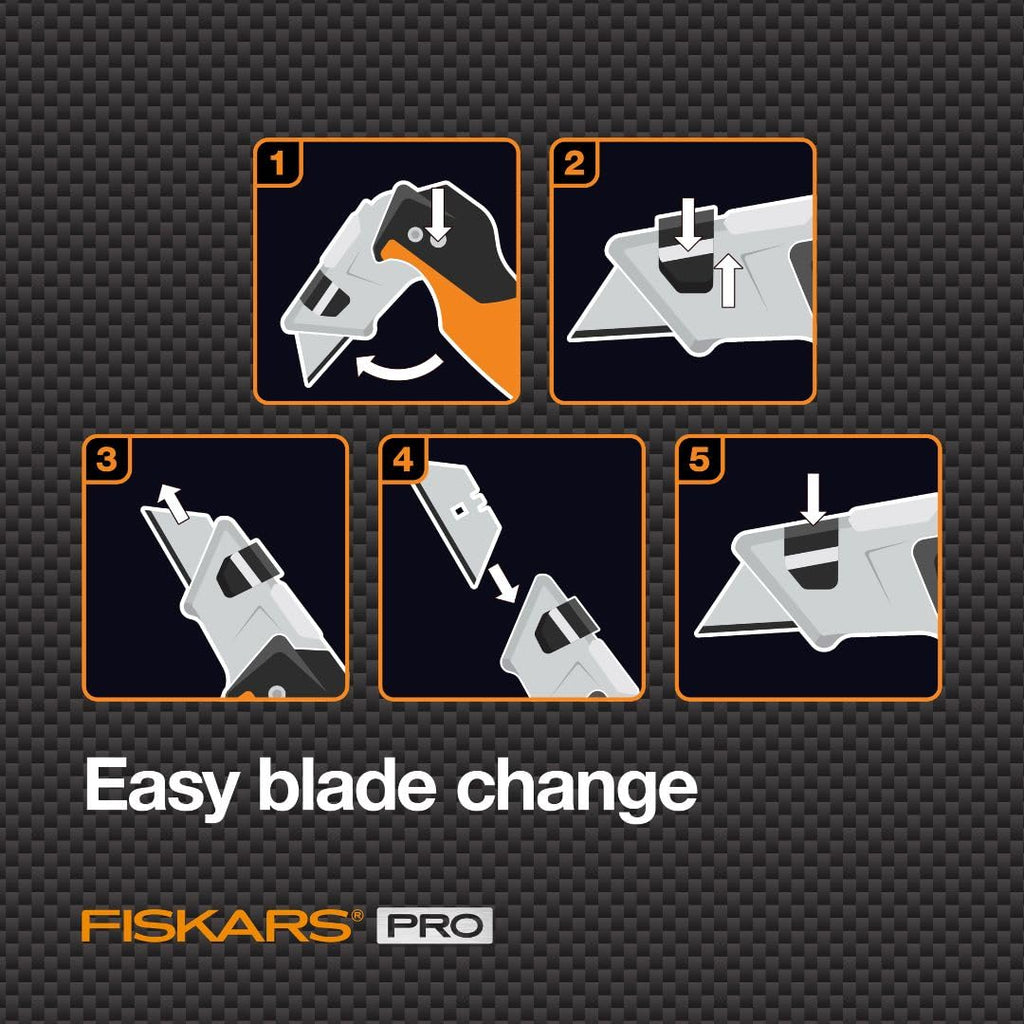 Fiskars Pro Retractable Folding Utility Knife, Box Cutter with Long-Lasting CarbonMax Razor Blade and Dual Lock Safety, Orange/Black
