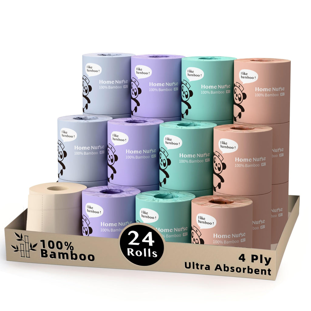 Home Nurse 4-Ply Bamboo Toilet Paper 24 Rolls, Unbleached Septic Safe Toilet Paper, No Lint Strong Absorbent, Chemical Free Eco Friendly Tree Free Bulk Toilet Paper