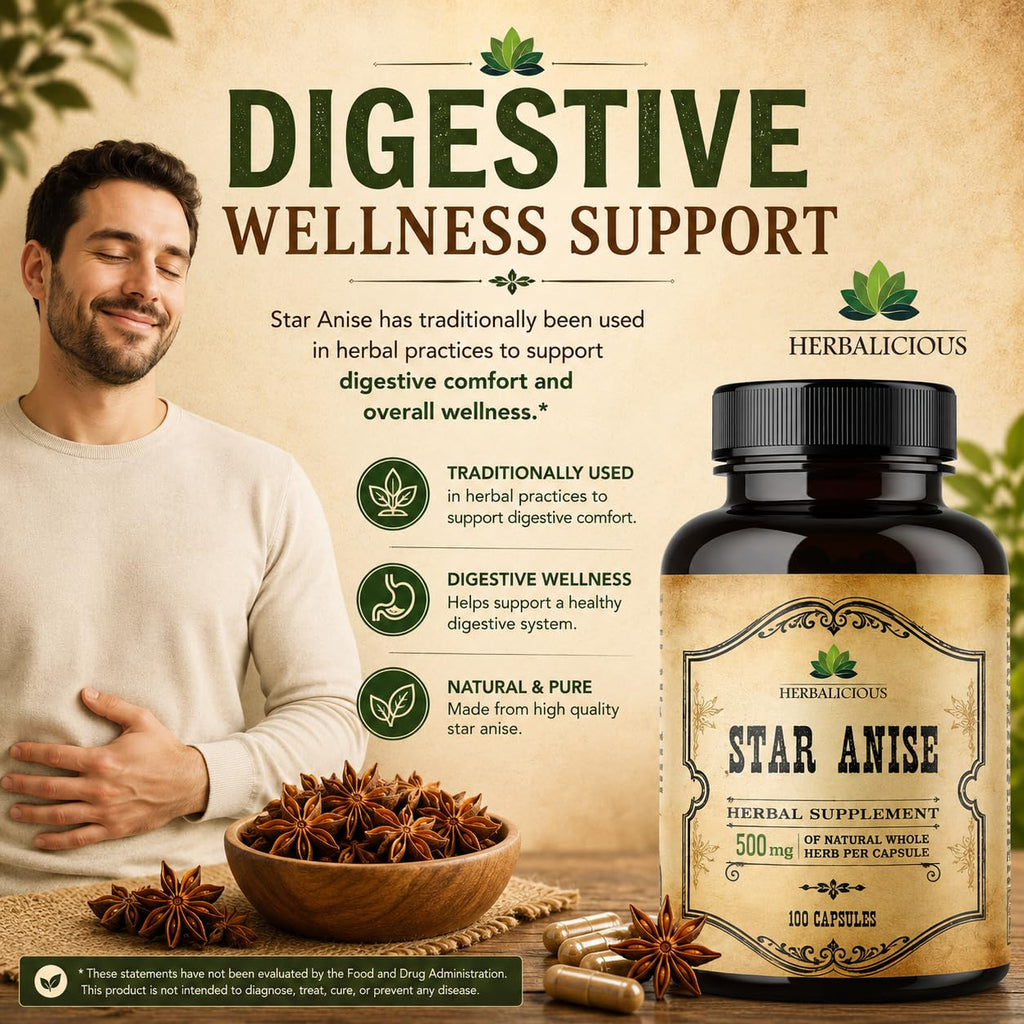HERBALICIOUS Star Anise Supplement – Organic (Illicium verum) – 100 Capsules – 1000mg – No Fillers, No Preservatives – Immune & Antioxidant Support