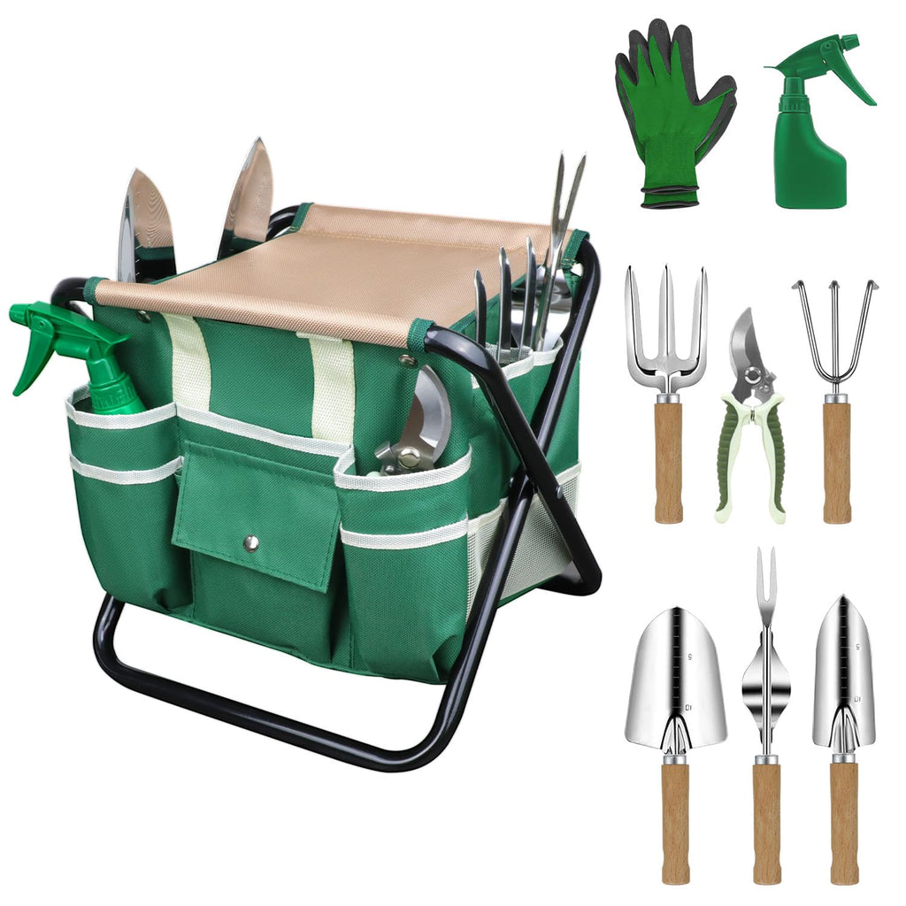 LeMotech Garden Tool Set,10 Pieces Heavy Duty Gardenting Tool Kit, Folding Stool with Detachable Tote Bag, Thicker Stainless Steel Tools (Trans-Planter,Trowel,Weeder etc.) for Women Men