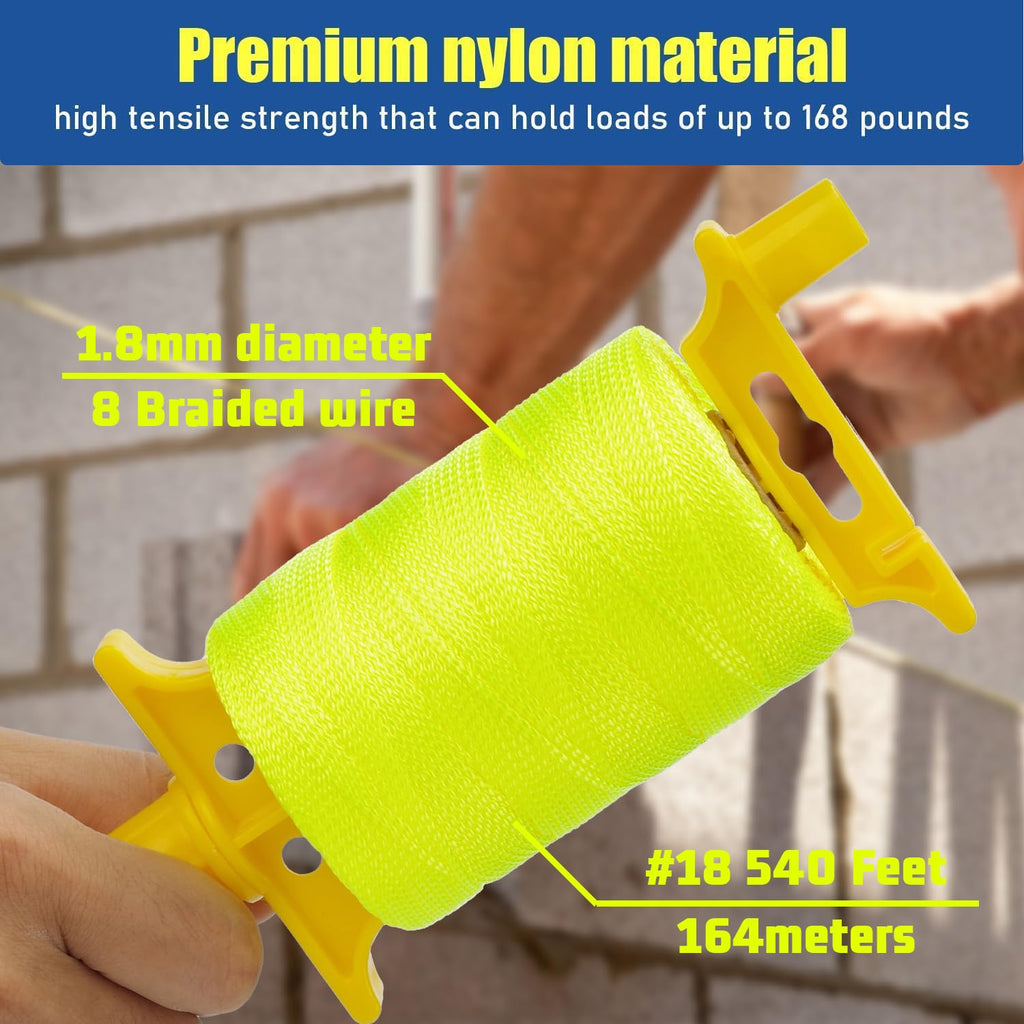 LURKA Mason Line String,#18 540 Feet Braided Construction Nylon Line with 5 Built-in Levels and Spool Fluorescent String Line for Precision Work, DIY, and Gardening (Fluorescent Yellow)