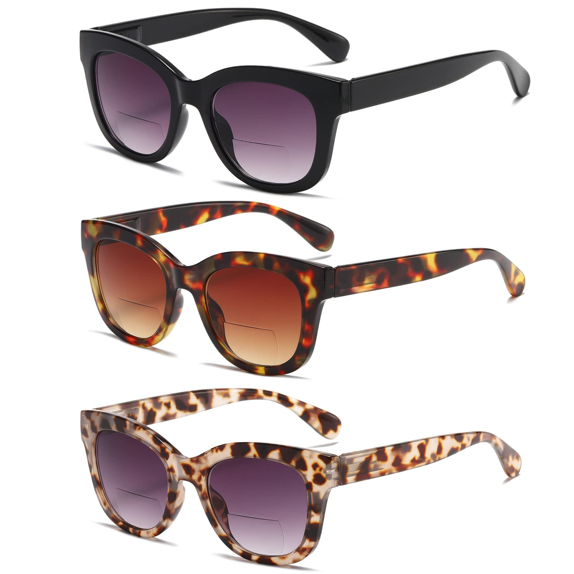 ZXYOO Bifocal Sunglasses For Women Reading Sunglasses 3 Pack UV400 Sun Readers Glasses With Spring Hinge +2.0