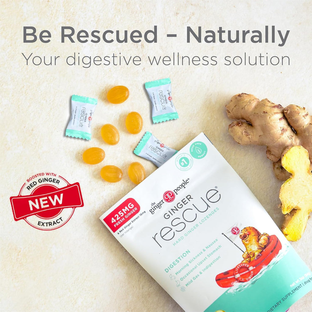 The Ginger People Ginger Rescue Digestive Wellness Lozenges (Hard) | Regular Strength - 425mg | Morning Sickness, Nausea, Upset Stomach, Mild Gas & Indigestion, 30 Count (Pack of 2)