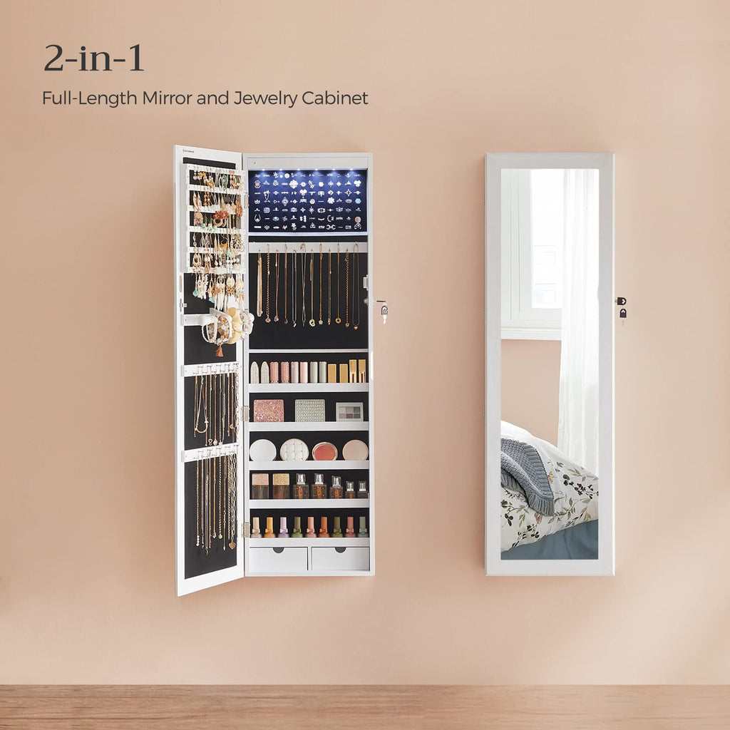 SONGMICS 6 LEDs Mirror Jewelry Cabinet, 47.2-Inch Tall Lockable Wall or Door Mounted Jewelry Armoire Organizer with Mirror, 2 Drawers, 3.9 x 14.6 x 47.2 Inches, White UJJC93W