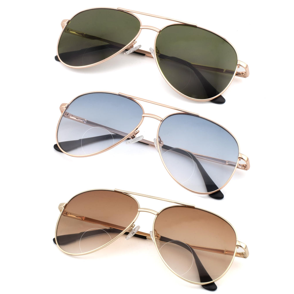 SOPHILY 3 Pack Bifocal Reading Sunglasses for Women Men, Aviator Sun Readers Glasses Gradient Lens Shades UV400 +2.0