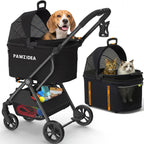 PAWZIDEA 4-in-1 Pet Stroller for Small Medium Dogs & Cats, Foldable Dog Stroller with Detachable Carrier, Escape-Proof No-Zip Canopy, Lightweight Portable Travel Crate & Car Seat Combo, Storage Basket