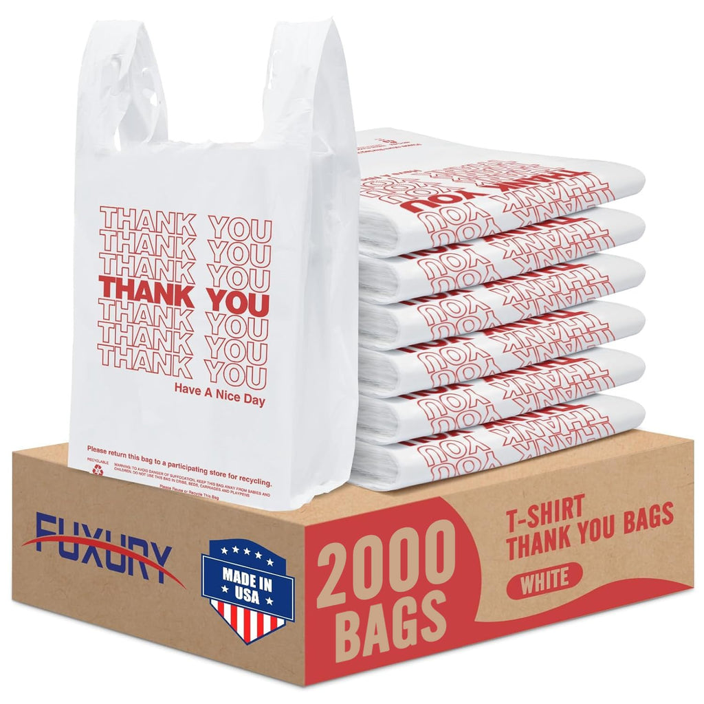 Fuxury 2000 Count - 2K Plastic Thank You T-shirt Bags White (11.5" x 6.5" x 21"), Grocery, Take Out, To Go, Retail Shopping Bags for Business in Bulk