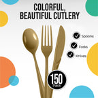 Party Solids Gold Plastic Silverware Heavy Duty 150 Pieces Gold Disposable Silverware Heavy Duty, Utensil Sets, 50 Of Each Forks, Knives & Spoons Disposable Cutlery Set For Party Supplies