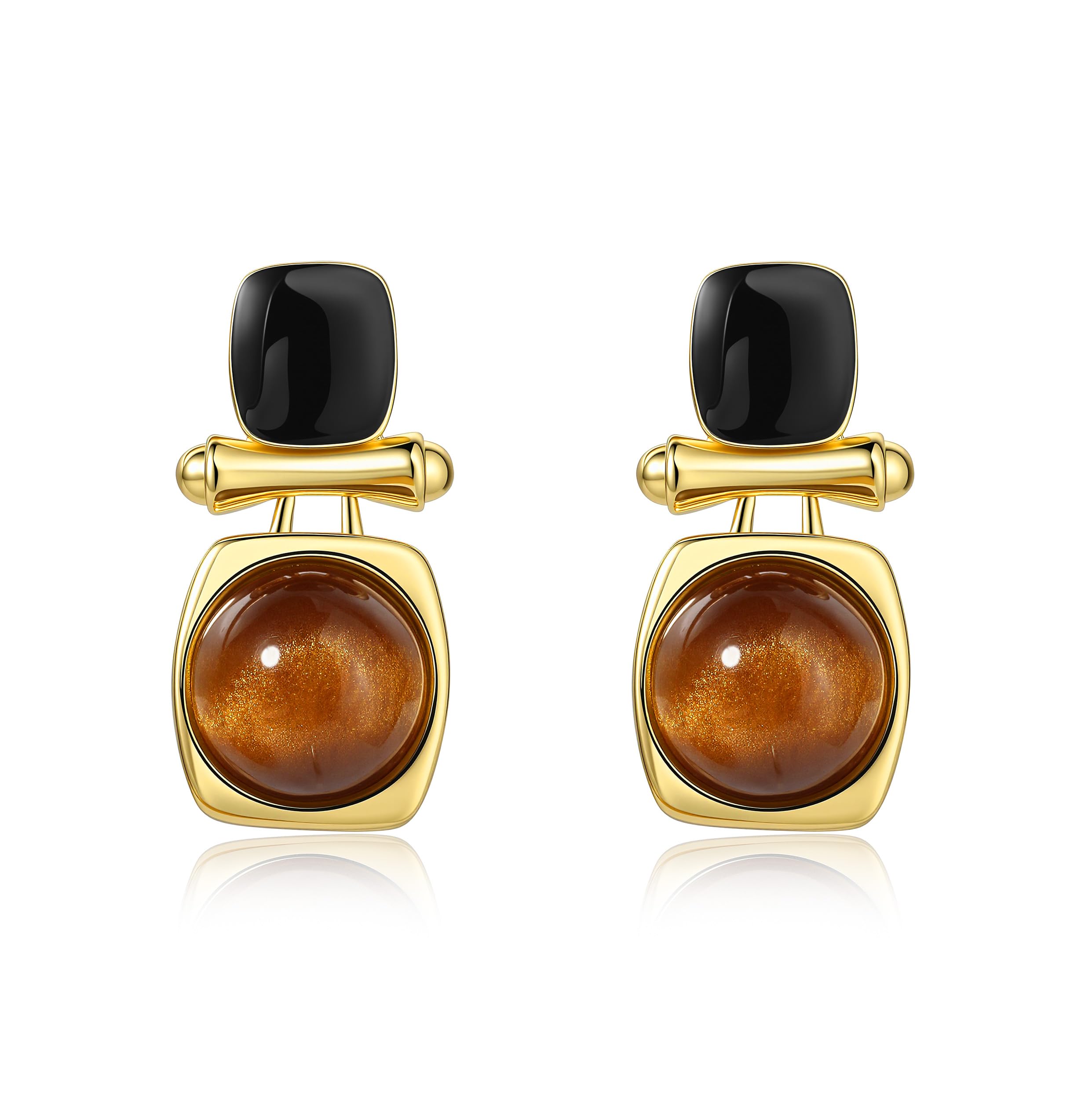 Sylph Tiger Eye Stud Earrings for Women, 18K Gold Plated and Black Brown Stone Dangle Drop Earring, Tigers Eye Jewelry Gifts