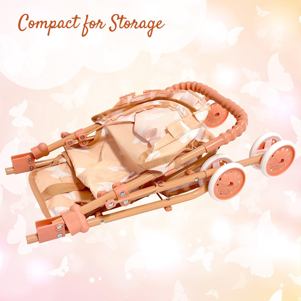My First Baby Doll Stroller for Toddlers 3 Year Old Girls, Little Kids | Folding Baby Stroller for Dolls, Toy Stroller for Baby Dolls with Bottom Storage Basket, Foldable Frame, Canopy, Seatbelt