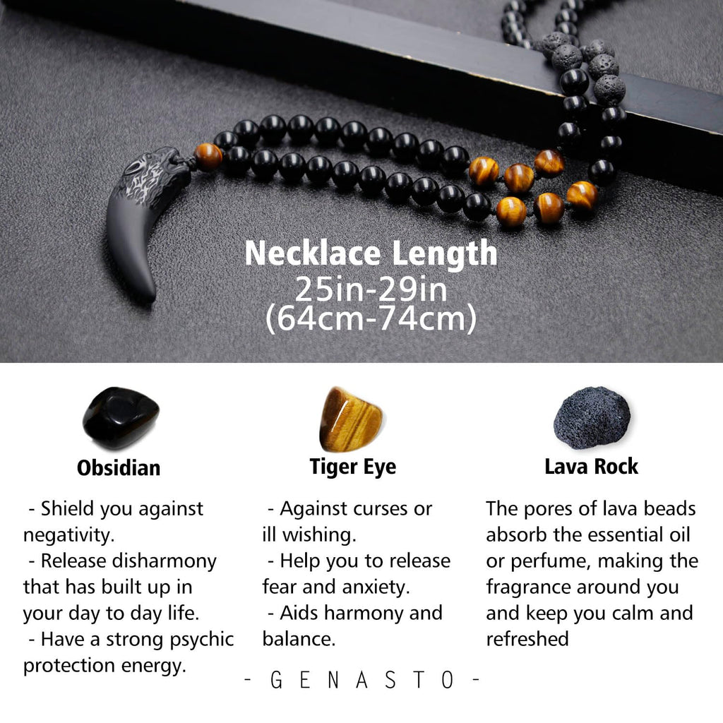 GENASTO Wolf Tooth Necklace Black Obsidian Stone Beads and Tiger Eye Necklace and Tiger Eye Natural Stone Crystal Healing Prayer Necklace for Men Women