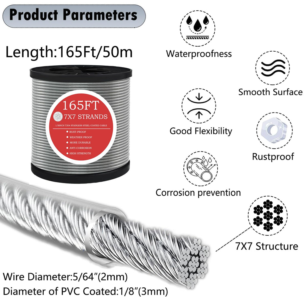 GZFTMKOBNS 165FT Steel Cable Kit | M5 Turnbuckle & 1/8" Stainless Steel Wire Rope