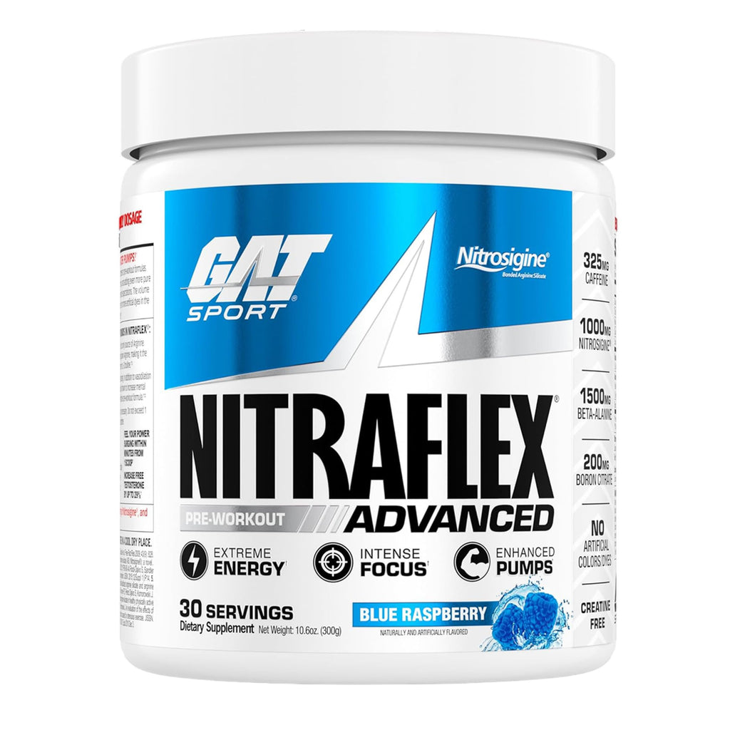 GAT SPORT Nitraflex Advanced Pre-Workout Powder - Energy Drink Mix - Supports Healthy Blood Flow - Boosts Strength & Energy - Creatine-Free - 30 Servings - Blue Raspberry