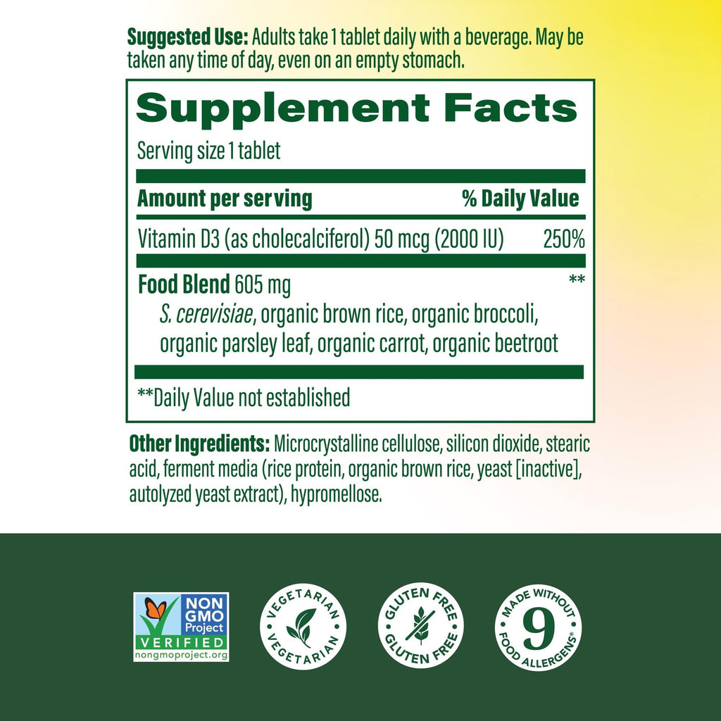 MegaFood Vitamin D3 2000 IU (50 mcg) - Vitamin D Supplements with Real Food, Immune Support, Supports Bones, Teeth & Muscles, Vegetarian, Certified Non-GMO, Kosher – 60 Tablets, 60 Servings
