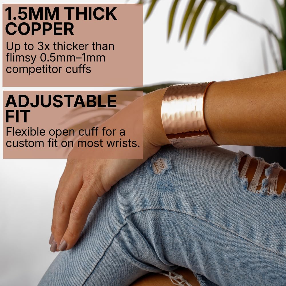 DEMMEX Copper Bracelet for Women – 100% Pure Hammered Turkish Copper Cuff, 1.5mm Thick High-Gauge, Handmade, Uncoated & Non-Magnetic, Large 1.6" Wide, Adjustable, in Wooden Gift Box