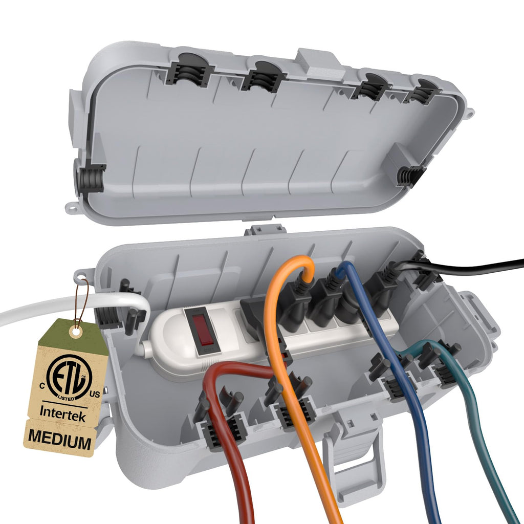 Flemoon Medium Outdoor Electrical Box (11.5x5.2x4 inch), IP54 Waterproof Extension Cord Cover w/6 Cable Entry Ports, Weatherproof Connection Box for Power Strip, Timer, Holiday Lights, Light Grey