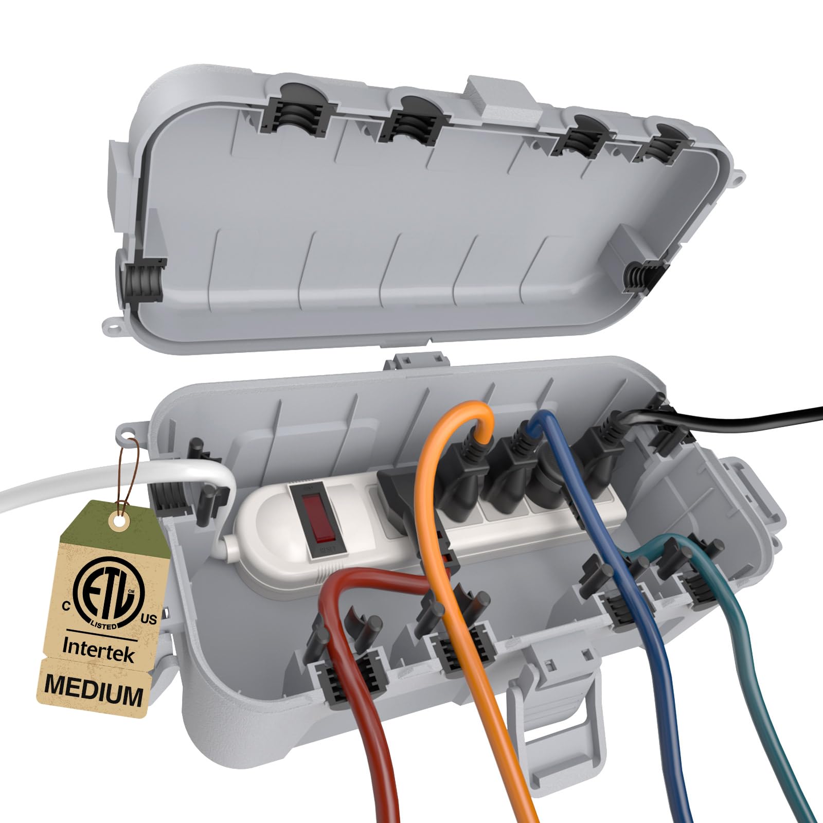 Flemoon Medium Outdoor Electrical Box (11.5x5.2x4 inch), IP54 Waterproof Extension Cord Cover w/6 Cable Entry Ports, Weatherproof Connection Box for Power Strip, Timer, Holiday Lights, Light Grey