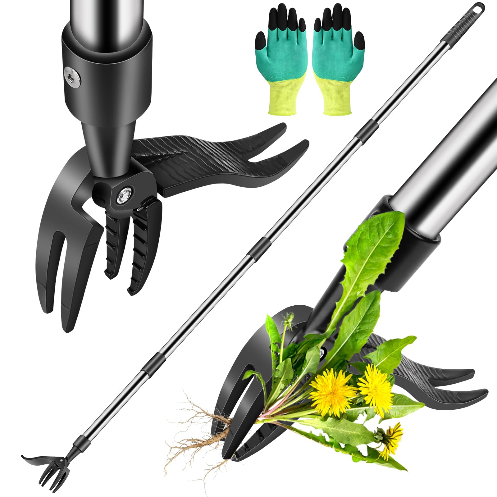 Hivenlly Weed Puller Tool, Stand Up Weed Remover Tool with Long Handle, 4 Claw Steel Head Weeder Tool with 4-Sectioal Pole Design, Garden Hand Weeding Tool, Smoothly Remove Weeds Without Kneeling