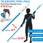 CKE Upgraded 16.5 Feet Thicken 1.3mm Blue Aluminum Telescoping Swimming Pool Pole,Adjustable 3 Piece Expandable Step-Up,Attach Connect Skimmer Net,Rakes,Brushes,Vacuum Head with Hoses, Universal 1.25"