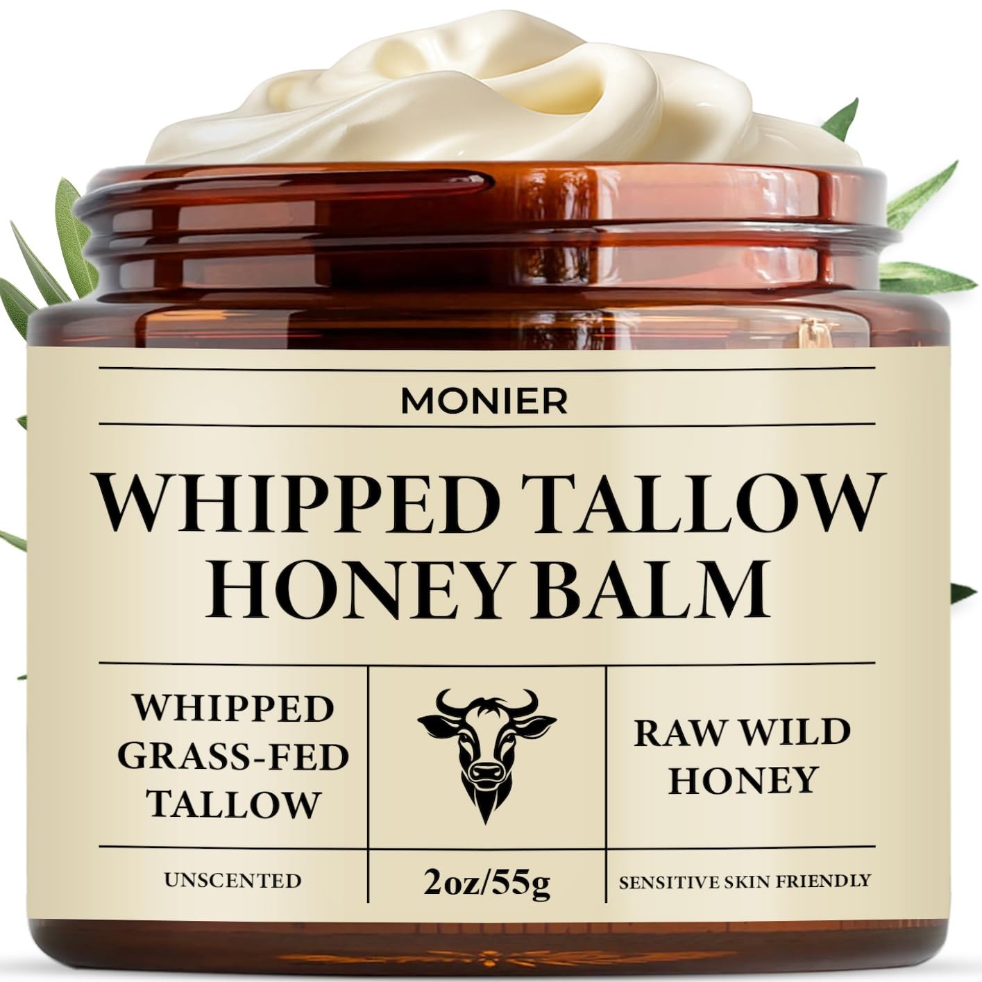 MONIER Whipped Beef Tallow for Skin, Tallow and Honey Balm for Face, Moisturizer with 100% Organic Grass-Fed Beef Tallow & Raw Wild Honey - Packaging May Vary - Dry & Sensitive Skin (Unscented)