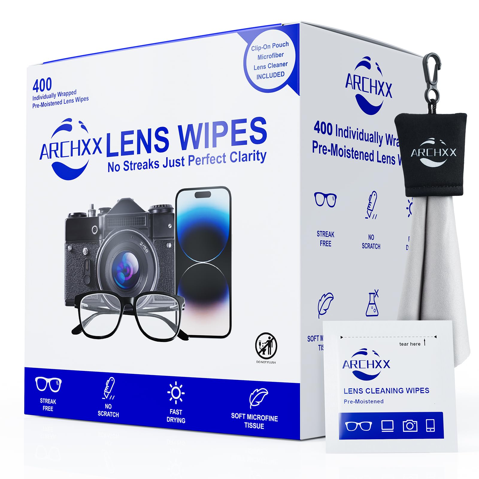 ARCHXX 400 Count Lens Wipes for Eyeglasses, +1 Clip-On Pouch Microfiber Lens Cleaner, Individually Wrapped Pre-Moistened Eye Glasses Cleaner Wipes for Glasses, Sunglasses, Camera Lenses, Streak-Free