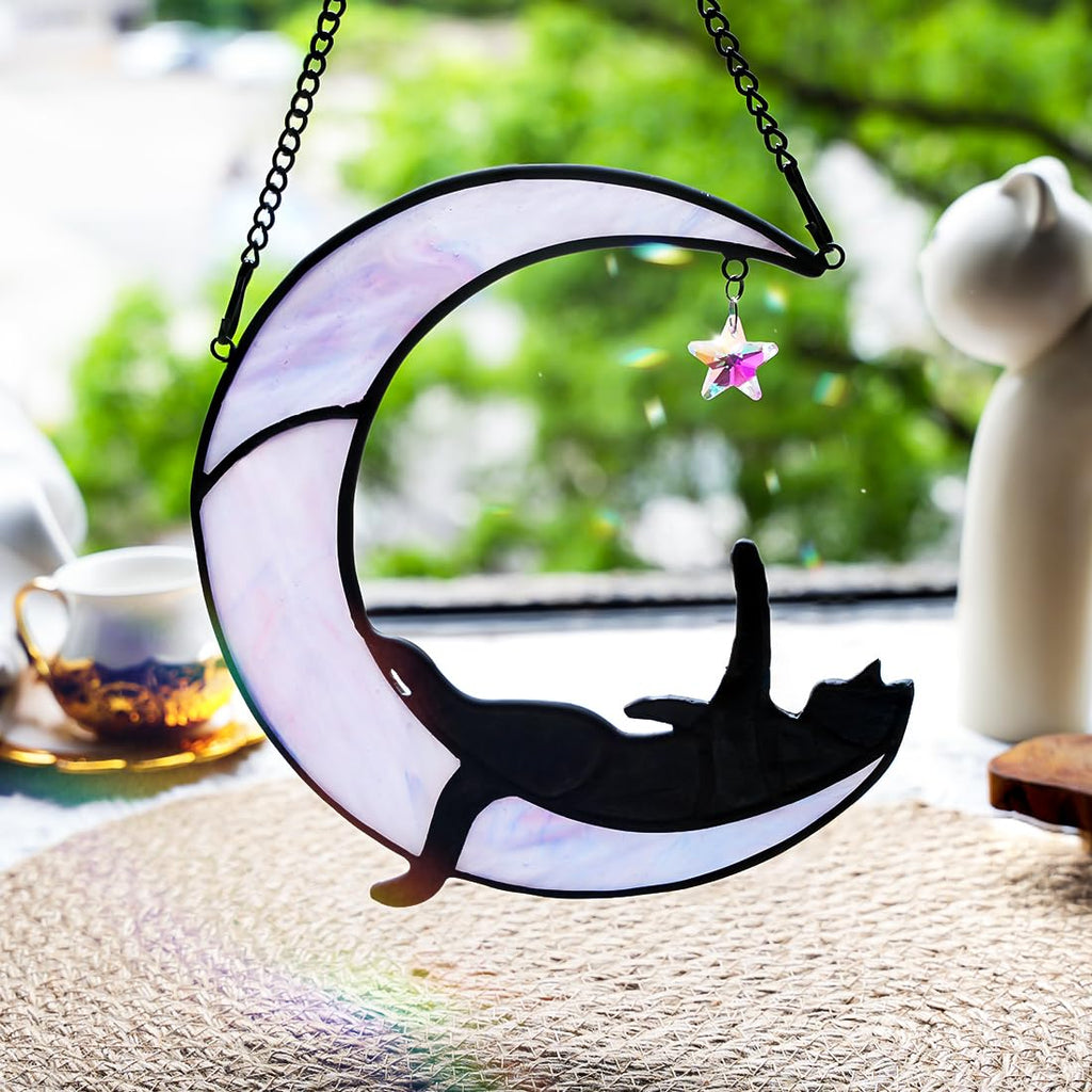 BOXCASA Black Cat Stianed Glass Suncatcher for Windows, Witchy Cat Gifts