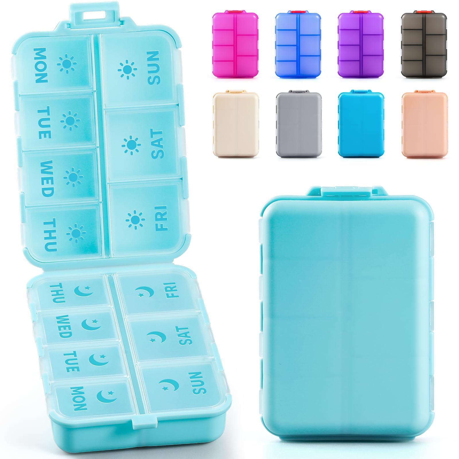 NEW Foldable & Double Protection Portable Weekly Pill Organizer 2 Times A Day with Etched Labels, AM PM 7 Day Week Medicine Box, Daily Travel Pill Case Dispenser for Vitamin, Supplement - Sky Blue