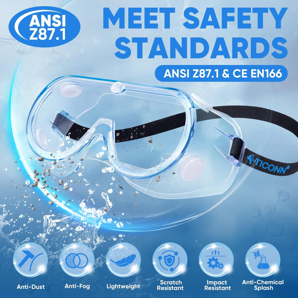 TICONN Anti-Fog Safety Goggles, HD Clear Eye Protection, ANSI Z87.1 Lab Goggles for Chemistry, Industrial (2PK)