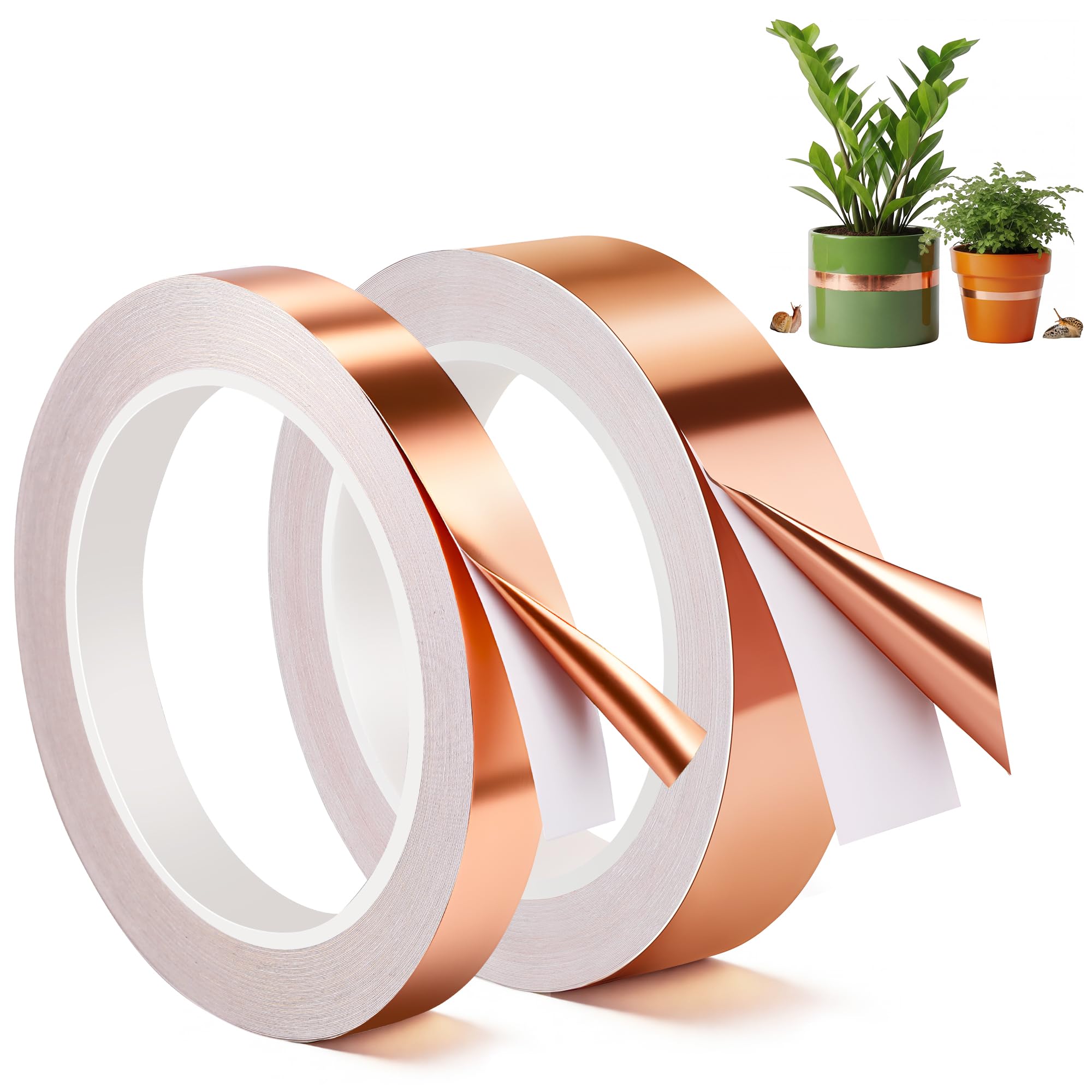 Mysora 2 Pcs Copper Tape for Slugs and Snails, 1 Inch x 66 ft and 1/2 Inch X 66 ft Copper Slug and Snail Barrier Tape, Non Toxic, Pet Safe, for Pots, Eaves, Gardens, Places Where Snails Might Climb