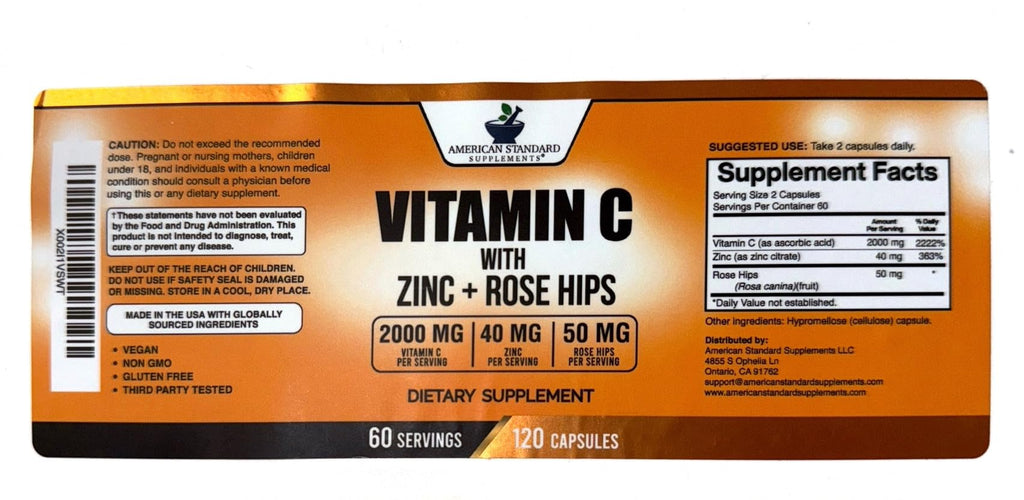 American Standard Supplements Vitamin C 2000mg, Zinc 40mg, and Rose HIPS 50mg Per Serving, Vegan, Gluten Free, Non-GMO (120 Count)